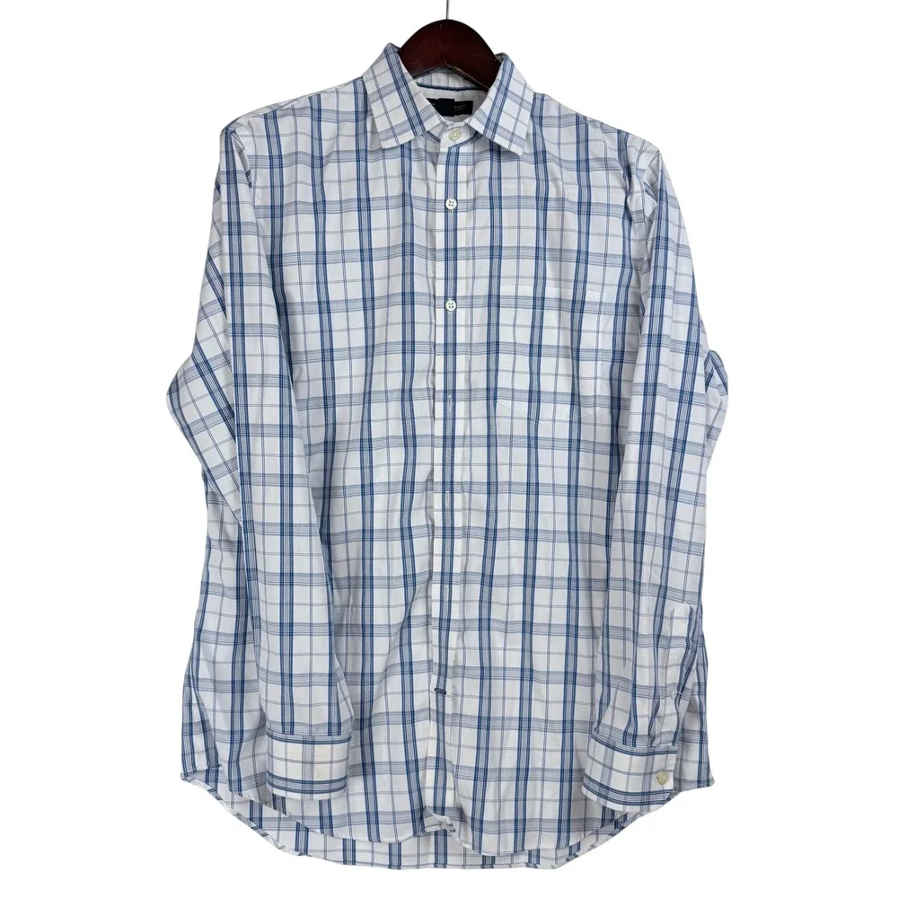 Banana Republic Mens L 16-16.5 Blue Plaid Non-Iron Classic Fit Preppy Office